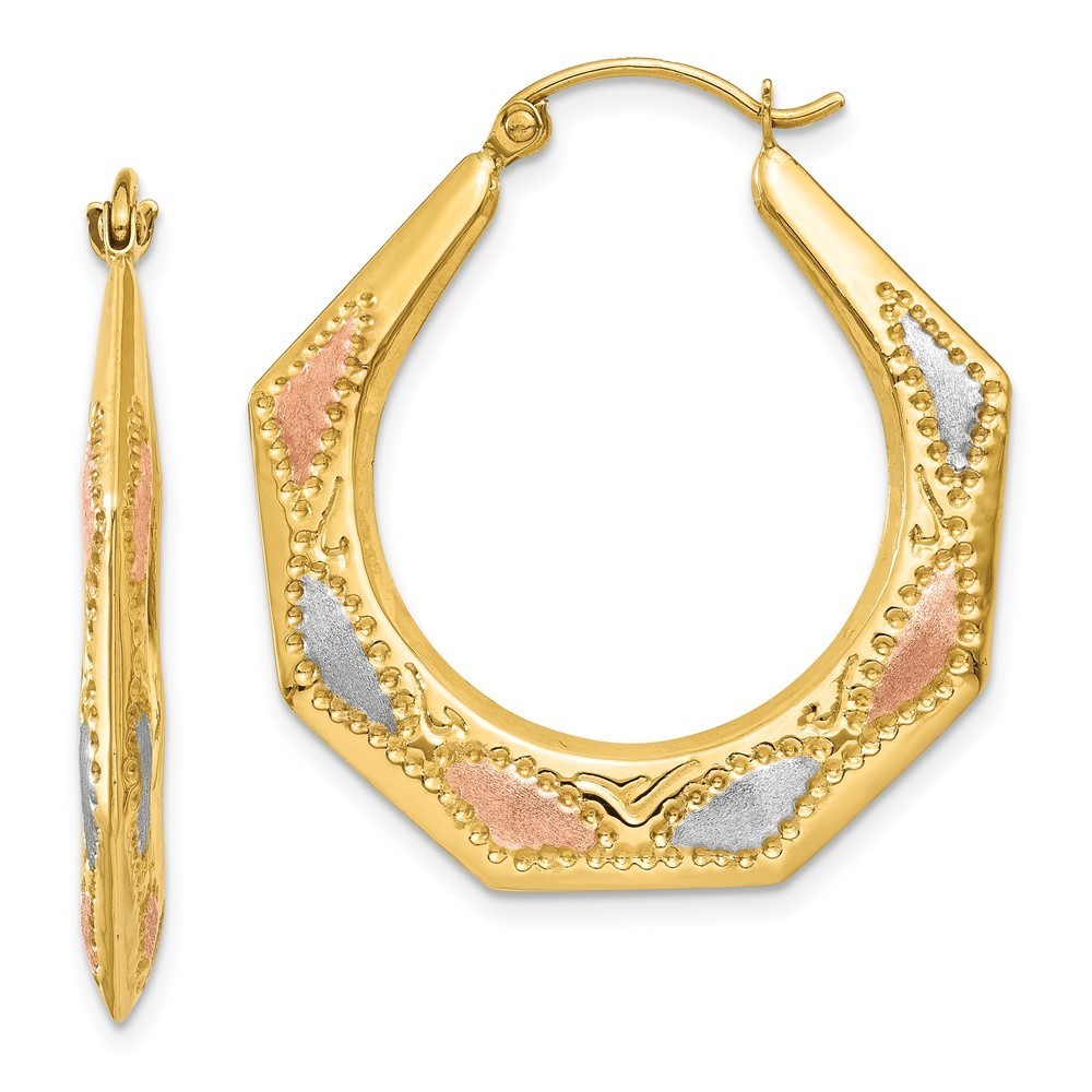 14k Yellow Gold & White & Rose Rhodium Hollow Hoop Earring 30 L X 26 Mm W